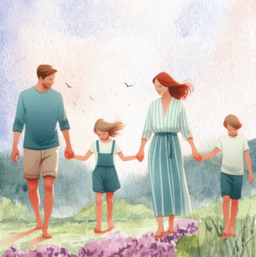 Family walking through meadow watercolor
